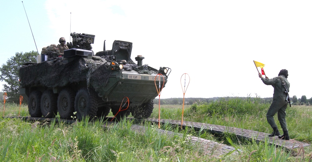Polish soldier guides a U.S. Army Stryker