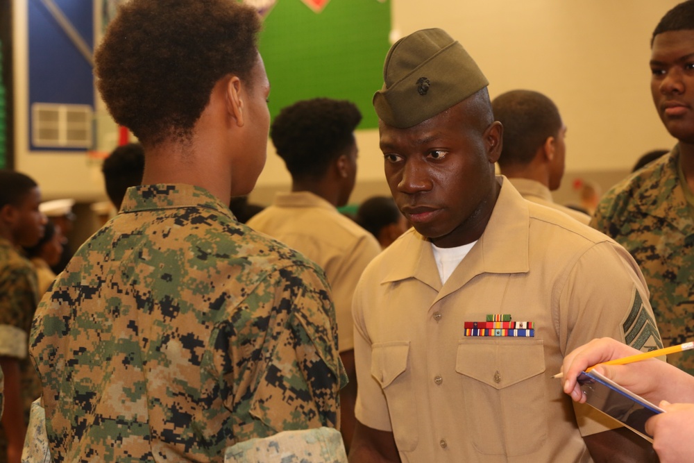 CBIRF Marines and Sailors volunteer for St. Charles High School JROTC uniform inspection