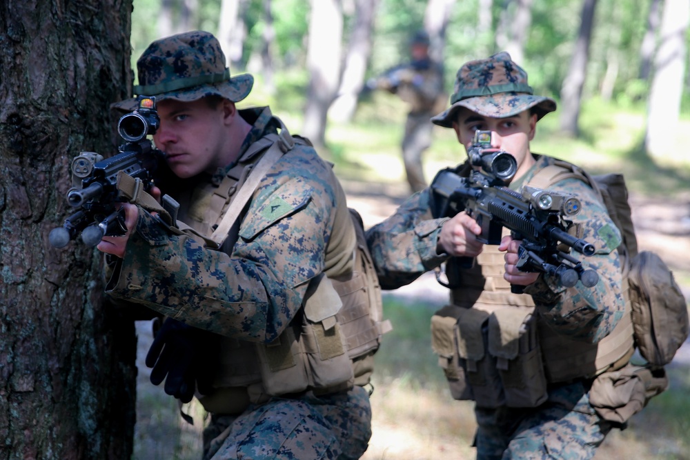 U.S. Marines conduct patrol base operations as a part of Baltops 2018