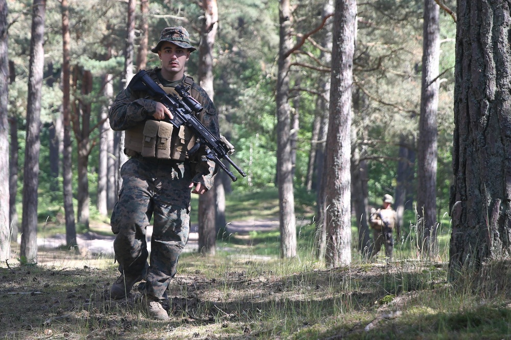 U.S. Marines conduct patrol base operations as a part of Baltops 2018