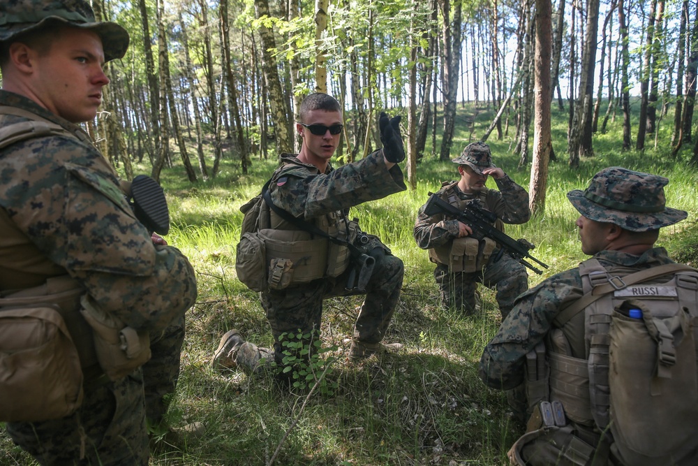 U.S. Marines conduct patrol base operations as a part of Baltops 2018