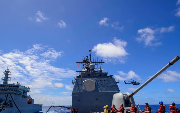 USS Antietam (CG 54) conducts and underway replenishment (UNREP) training exercise with Indian oiler INS Shak ti (A 57)