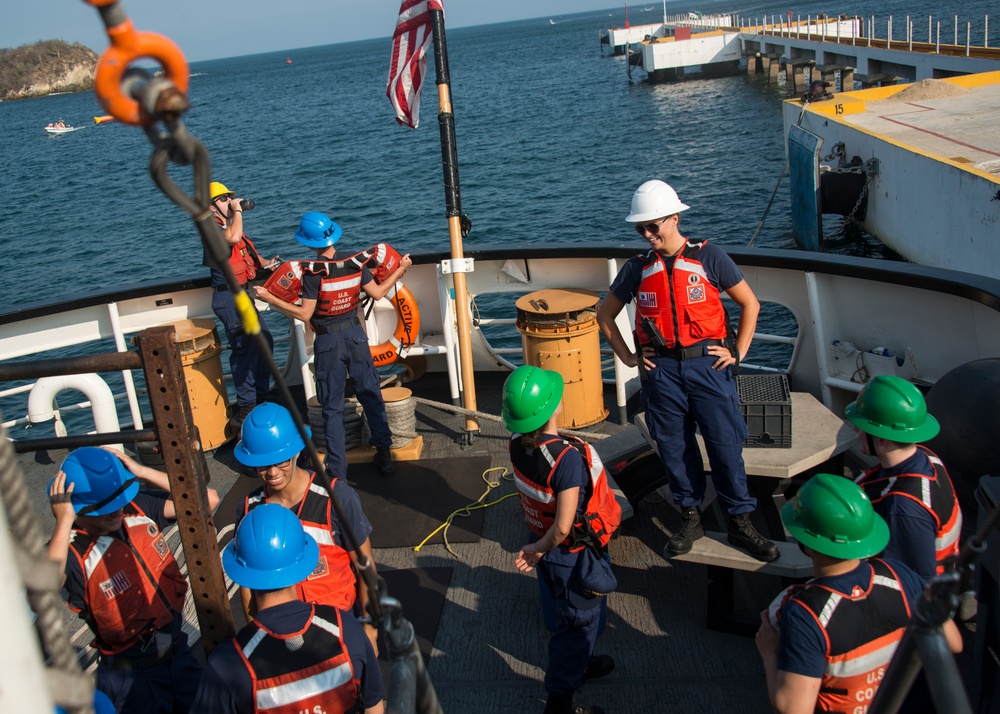 Coast Guard Cutter Active crewmembers conduct routine operations during an Eastern Pacific counter-narcotics patrol