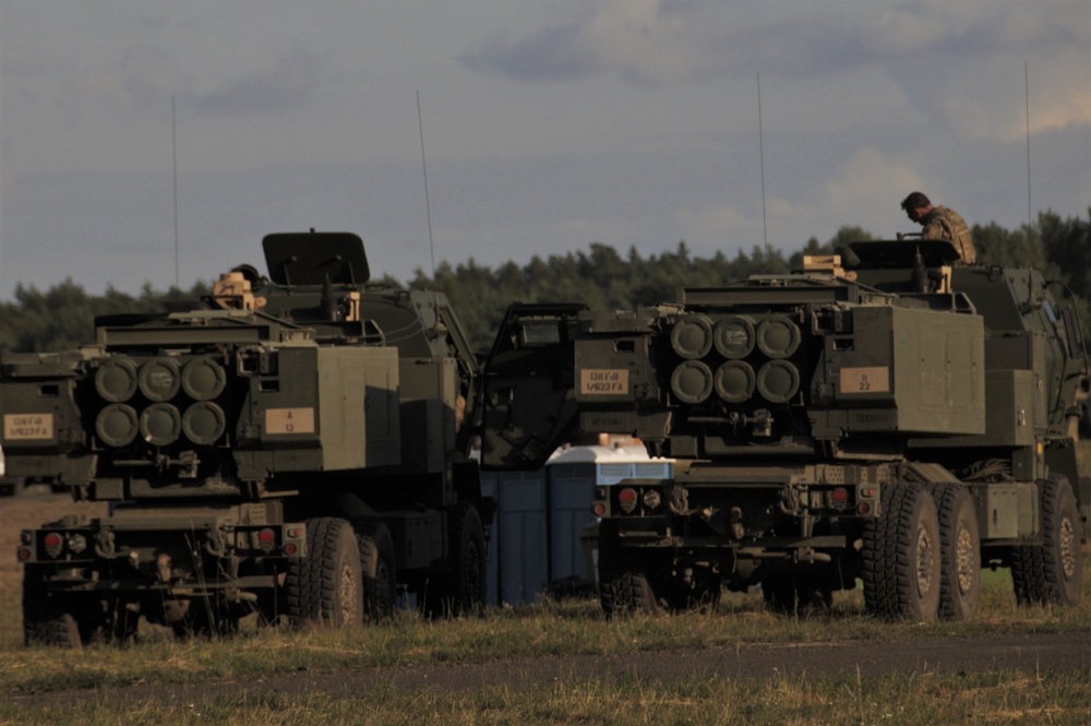 M142 High Mobility Artillery Rocket System (HIMARS) firing during Saber Strike 18