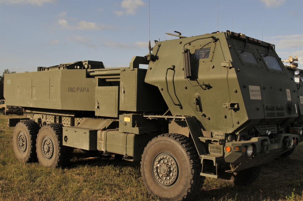 M142 High Mobility Artillery Rocket System (HIMARS) firing during Saber Strike 18