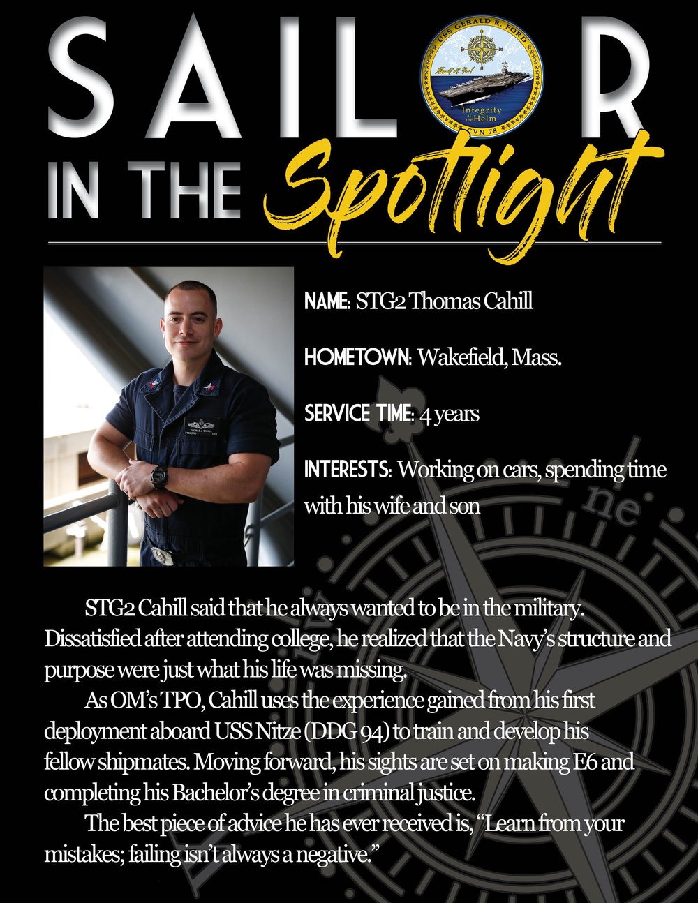 Sailors assigned to USS Gerald R. Ford’s (CVN 78) OX and OM divisions of Operations department are recognized as the ship’s department in the spotlight.