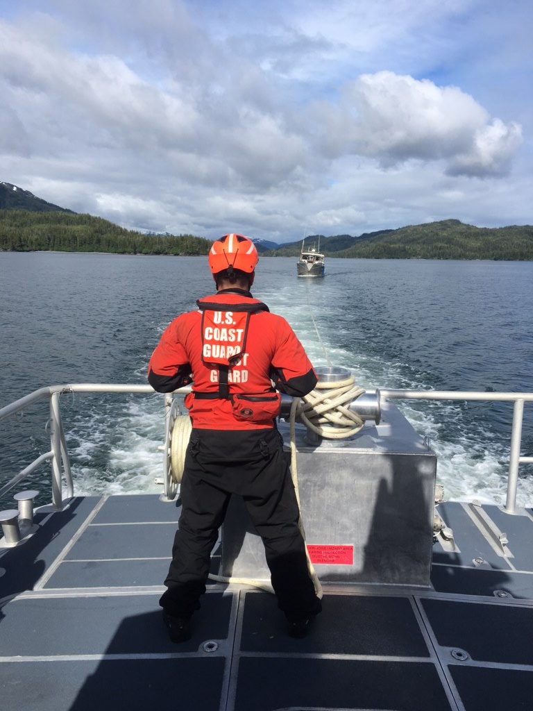 Coast Guard Station Valdez crew tows vessel near Prince William Sound, Alaska