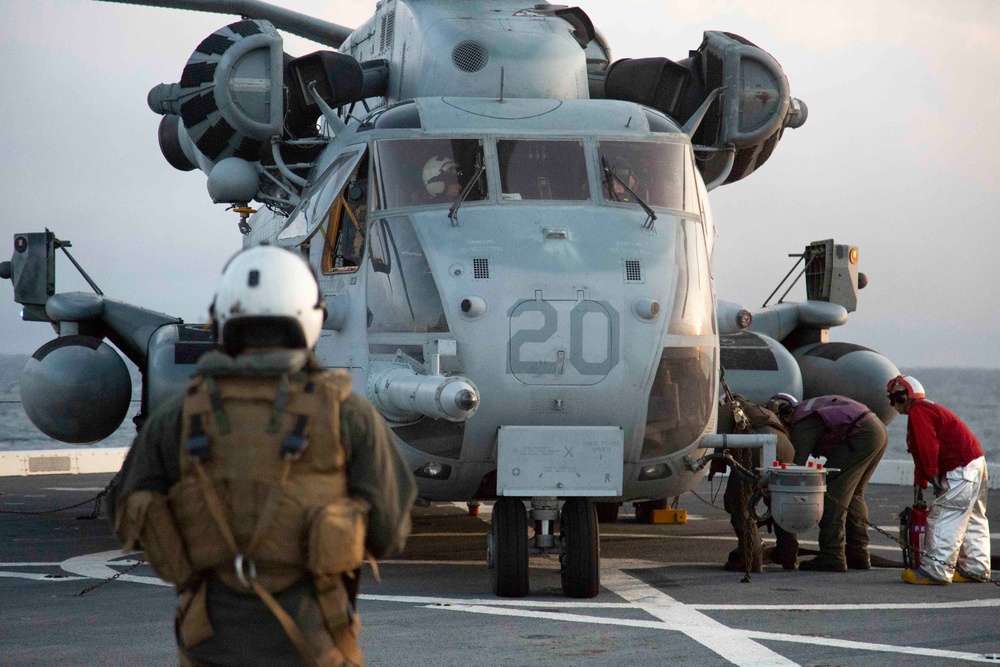 CH-53E flight operations on the USS Arlington