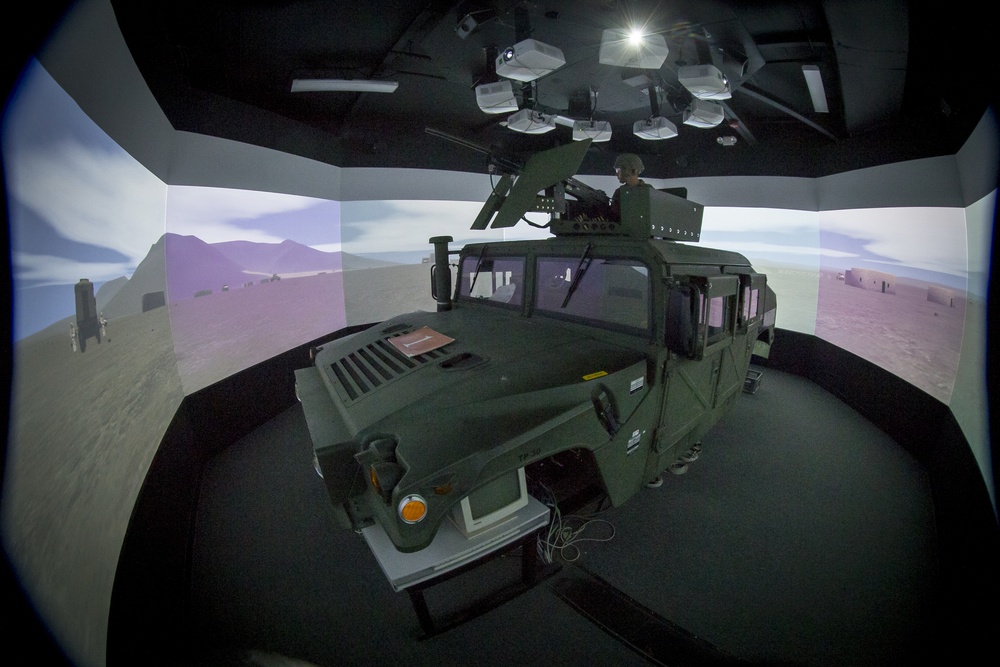 Marines train for deployment using a Combat Convoy Simulator