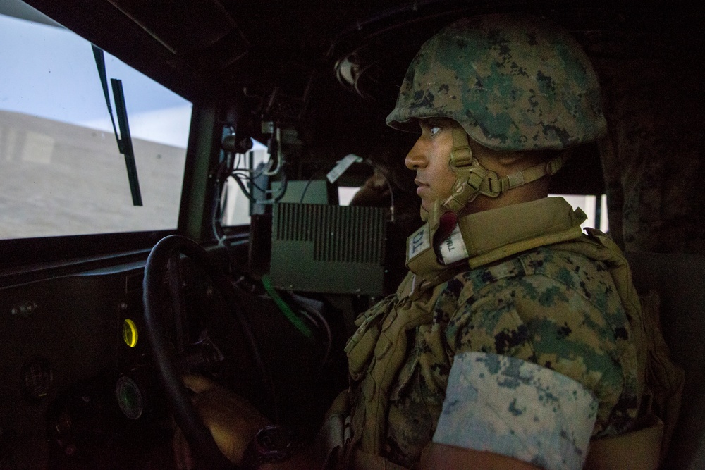 Marines train for deployment using a Combat Convoy Simulator