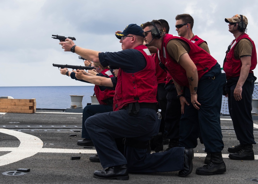 Sailors Conduct a Small Arms Qualification Aboard USS William P. Lawrence