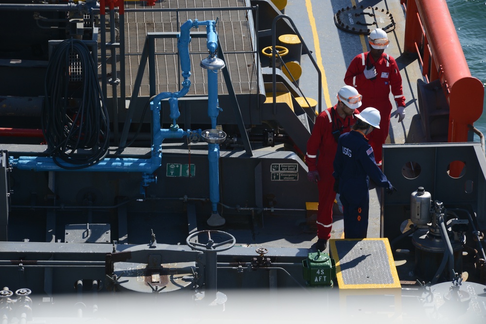 Coast Guard marine inspector conducts foreign tank vessel inspection in Norton Sound near Nome, Alaska