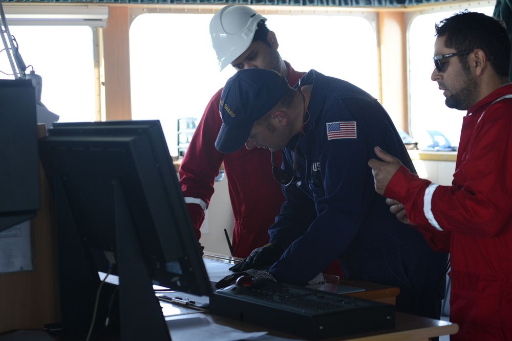 Coast Guard marine inspector conducts foreign tank vessel inspection in Norton Sound near Nome, Alaska