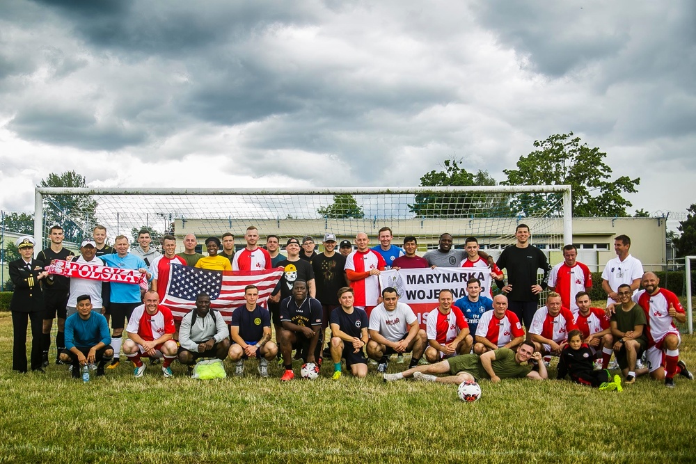 Oak Hill Sailors, 26th MEU Marines kick it with Polish Navy during soccer match