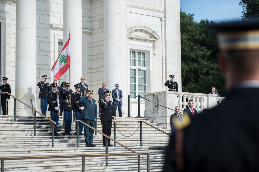 Commander of the Lebanese Armed Forces Gen. Joseph K. Aoun Participates in an Armed Forces Full Honors Wreath-Laying at the Tomb of the Unknown Soldier