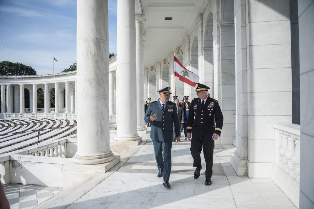 Commander of the Lebanese Armed Forces Gen. Joseph K. Aoun Participates in an Armed Forces Full Honors Wreath-Laying at the Tomb of the Unknown Soldier