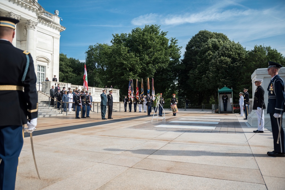 Commander of the Lebanese Armed Forces Gen. Joseph K. Aoun Participates in an Armed Forces Full Honors Wreath-Laying at the Tomb of the Unknown Soldier