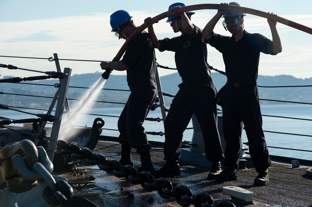 Forrest Sherman is in Theoule-Sur-Mer, France for a port visit during a scheduled deployment as part of the Harry S. Truman Carrier Strike Group. With Harry S. Truman as the flagship, deploying strike group assets include staffs, ships and aircraft of Car