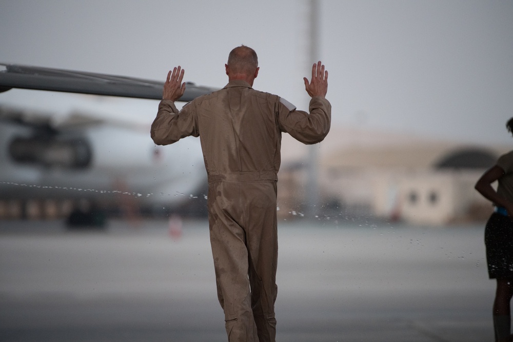 Brig. Gen. Derek France celebrates final flight as the 380th Air Expeditionary Wing commander