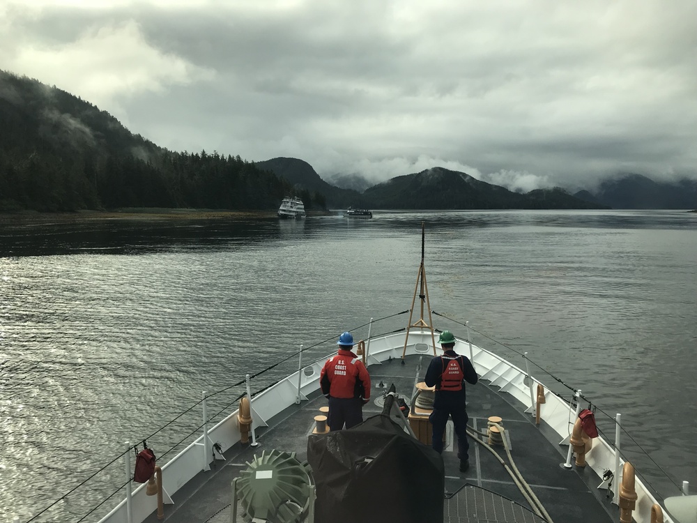 Coast Guard Cutter Anacapa assists grounded cruise ship in Olga Strait, 12 miles northeast of Sitka, Alaska