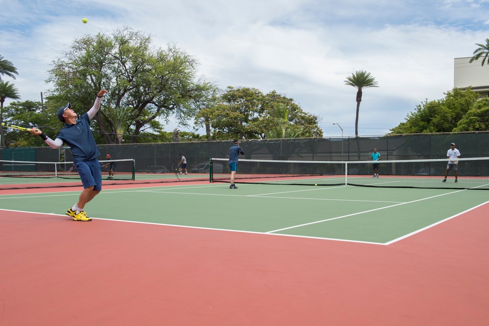 Sailors assigned to INS Sahyadri and ROKS Yulgok Yi compete in Tennis Tournament