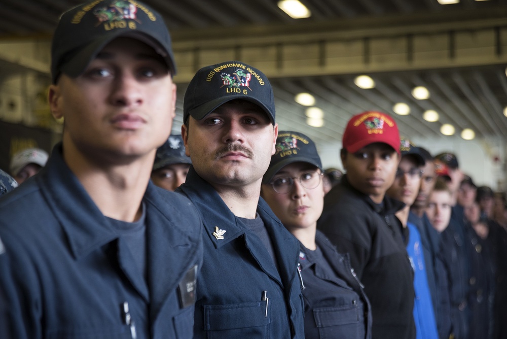 All-hands call aboard USS Bonhomme Richard (LHD 6)