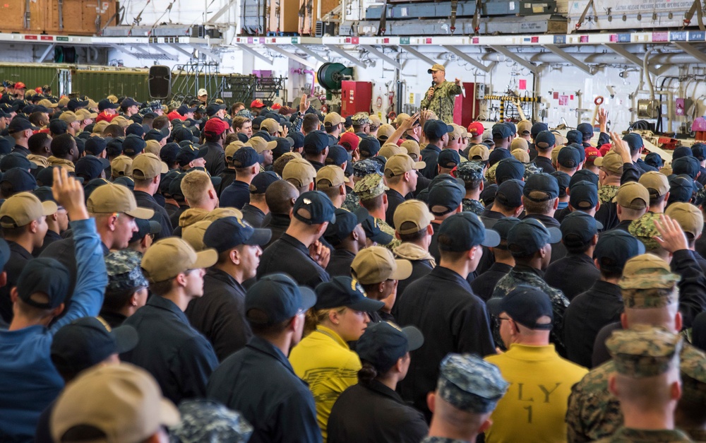 All-hands call aboard USS Bonhomme Richard (LHD 6)