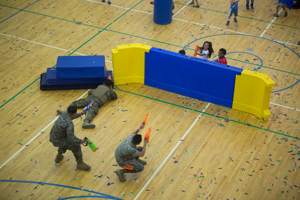 Marines and Sailors with SPMAGTF-CR-AF LCE 18.2 participate in Nerf Gun Battle