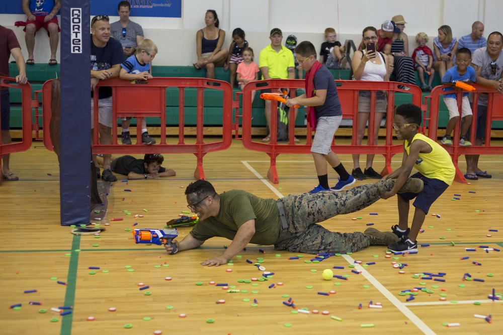 Marines and Sailors with SPMAGTF-CR-AF LCE 18.2 participate in Nerf Gun Battle