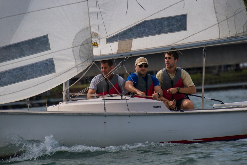 RIMPAC 2018 Participants Compete in a Sailboat Regatta at the Pearl Harbor Yacht Club.