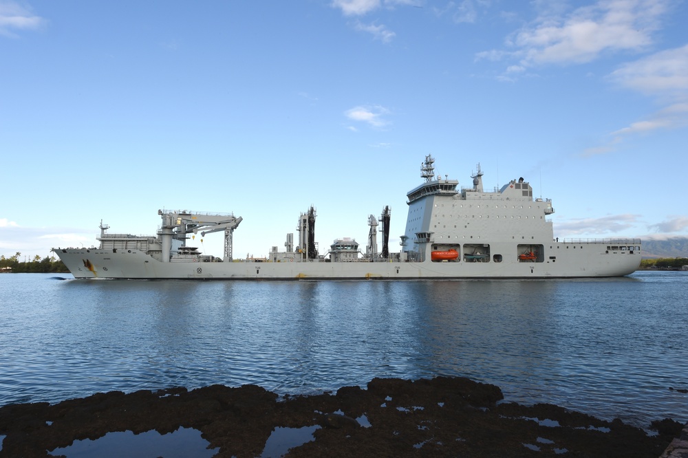 Royal Canadian Navy's MV ASTERIX departs Pearl Harbor during RIMPAC 2018