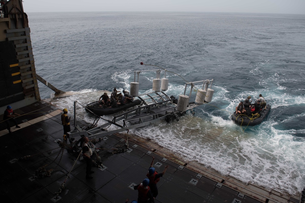 USS Harpers Ferry conducts well deck and flight operations