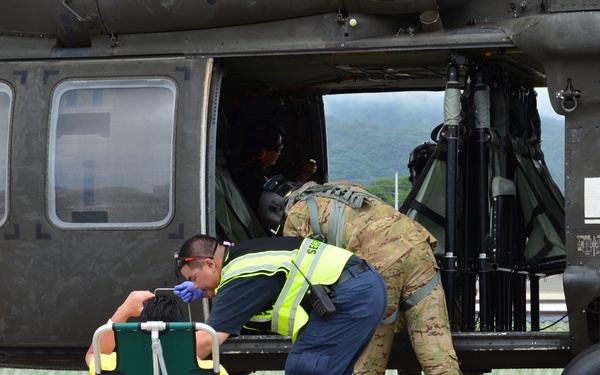 Patient-actors prepare to board a helicopter as part of a medical exercise during RIMPAC 2018.