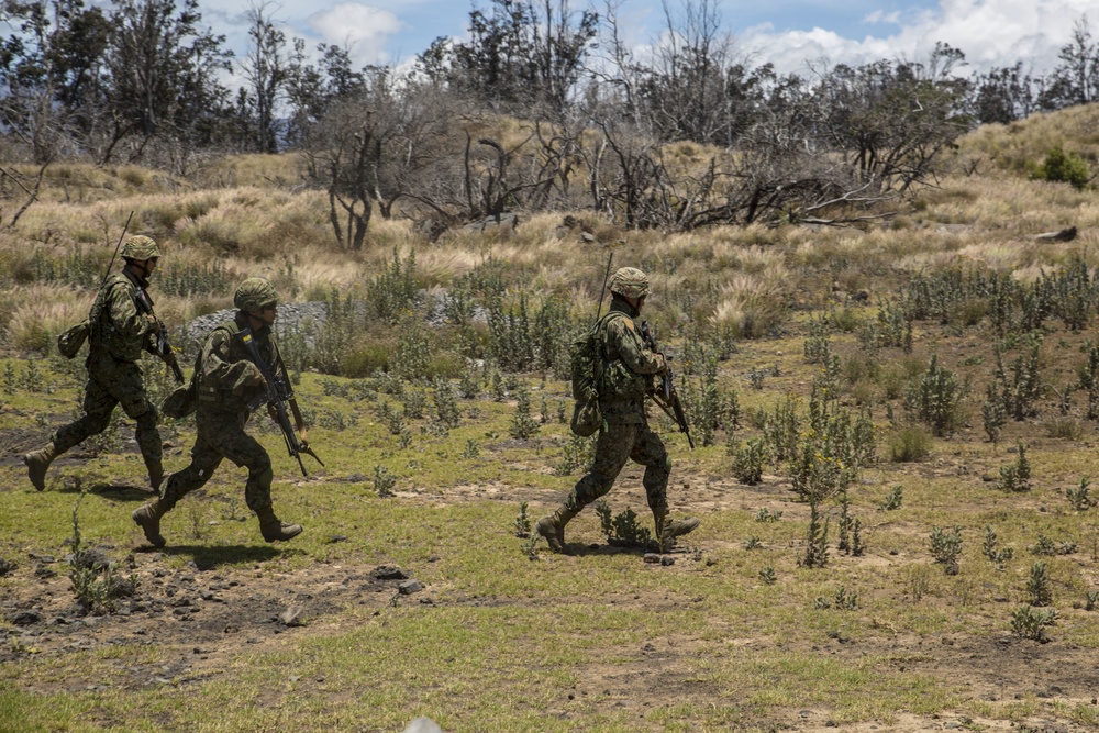 Japanese soldiers and U.S. Marines train together during RIMPAC on Island of Hawaii
