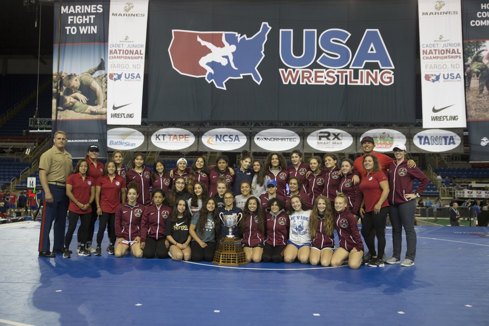 Marines award Team California wrestling championship trophy