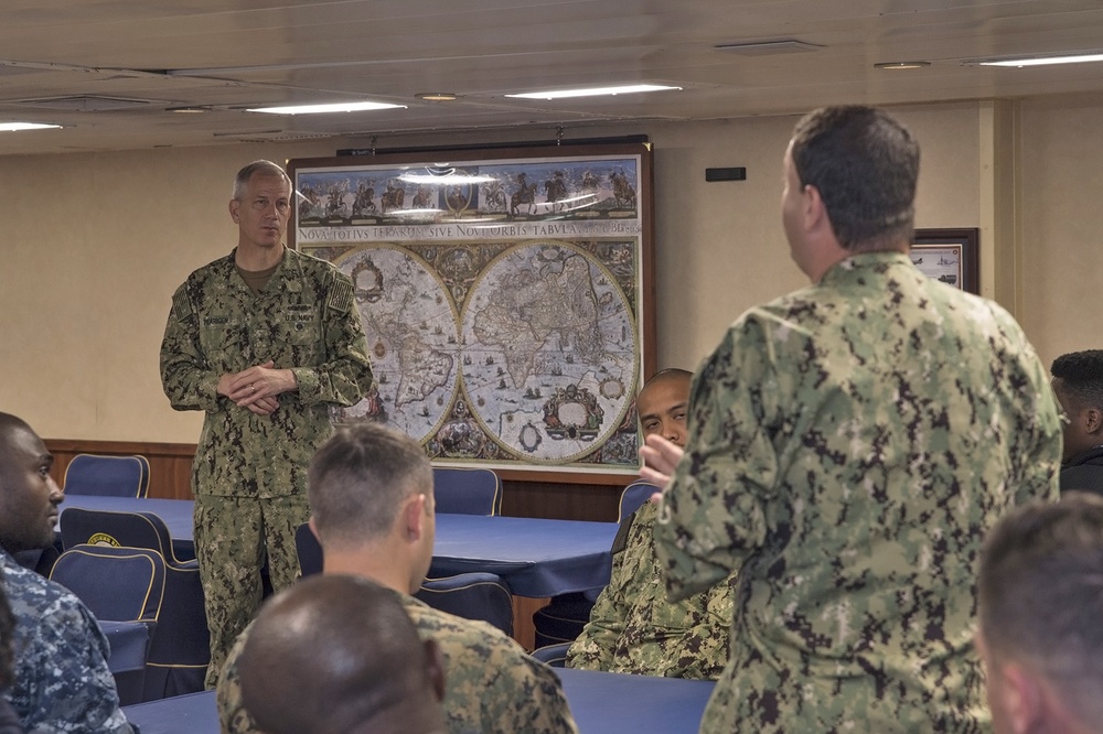 Rear Admiral Paul D. Pearigen, commander, Navy Medicine West, holds admiral's call with Bonhomme Richard medical department