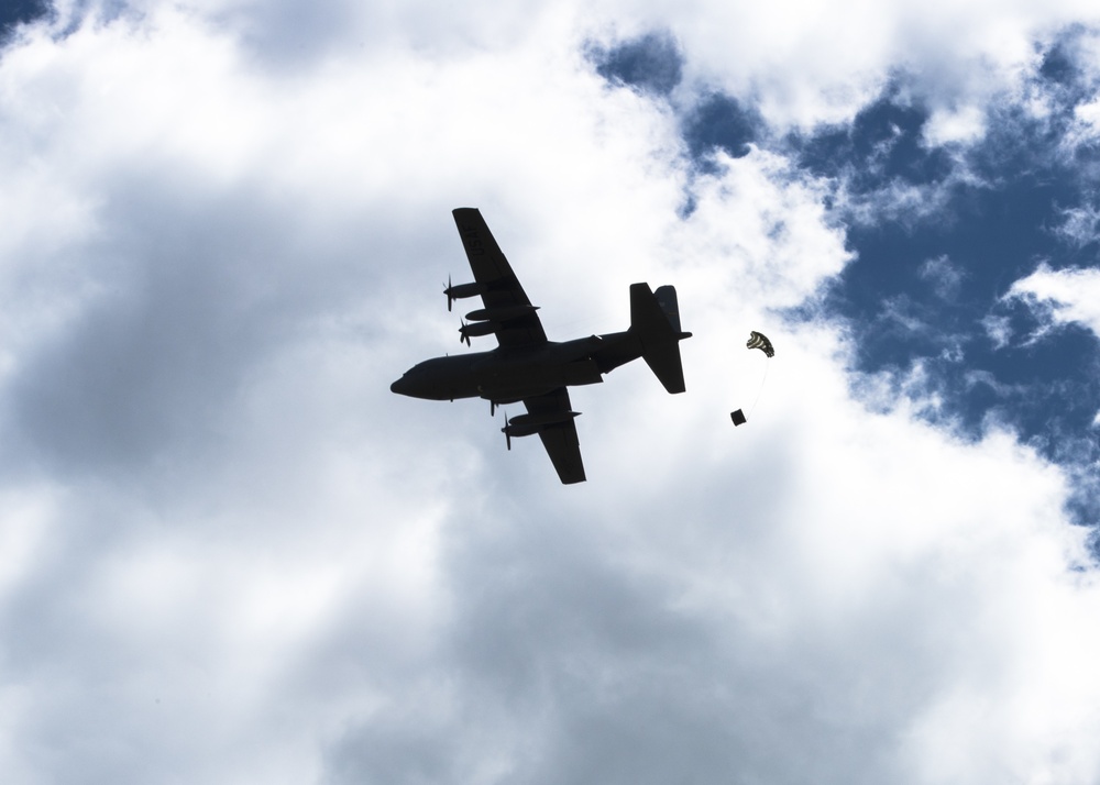Airmen drop cargo from a C-130 Hercules