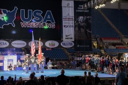 Marines with Recruiting Station Twin Cities, present the colors during the Marine Corps Cadet/Junior National Wrestling Championships in Fargo, ND, July 15, 2018. (U.S. Marine Corps photo by Sgt. Michelle Reif.)