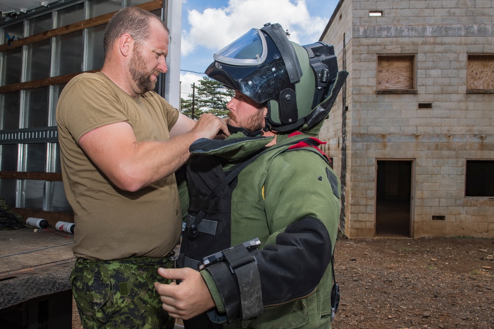 Canadian clearance divers participate in an improvised explosive device (IED) scenario during the RIMPAC 2018 exercise