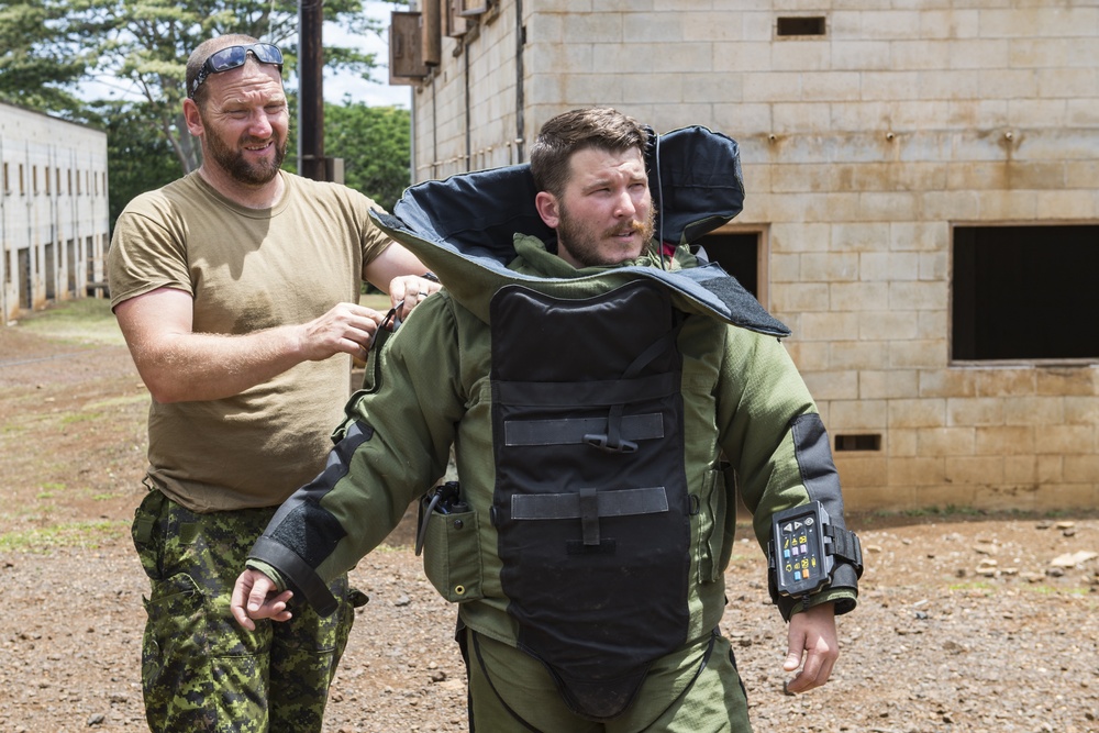 Canadian clearance divers participate in a simulated IED scenario during the RIMPAC 2018.