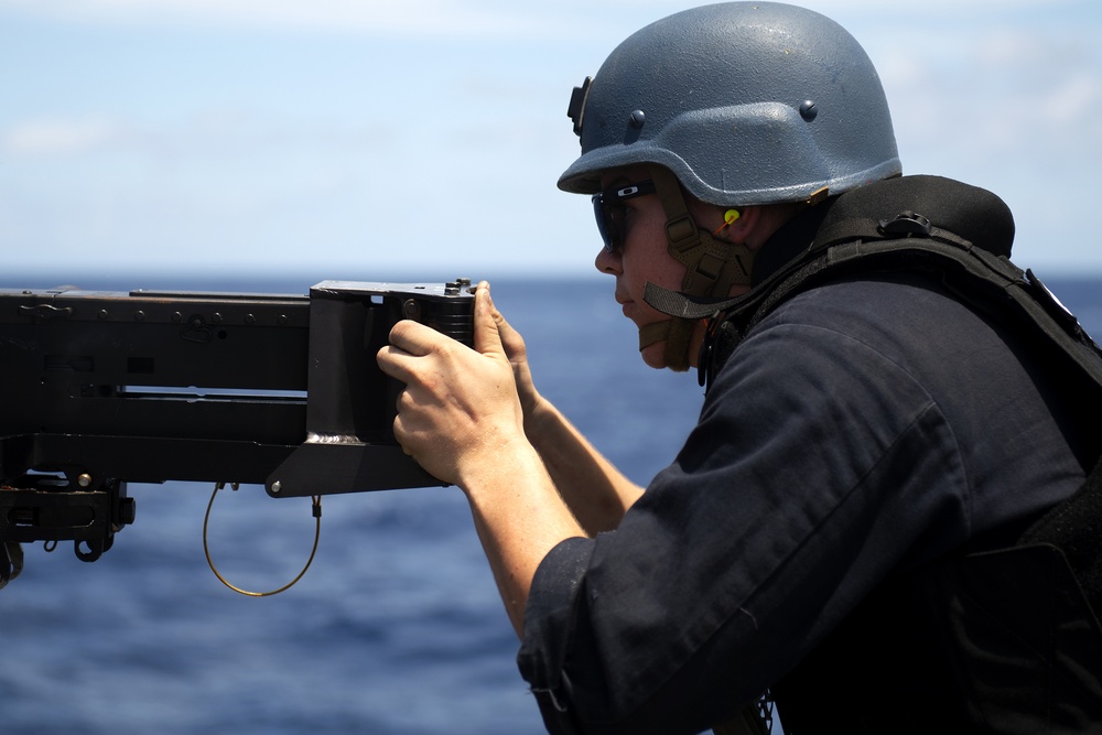USS Preble (DDG 88) conducts quick draw M2 .50 caliber machine gun exercise during RIMPAC 2018