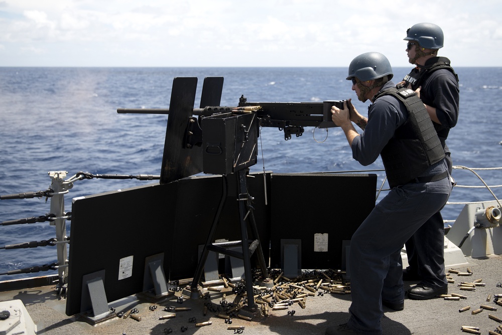 USS Preble (DDG 88) conducts quick draw M2 .50 caliber machine gun exercise during RIMPAC 2018