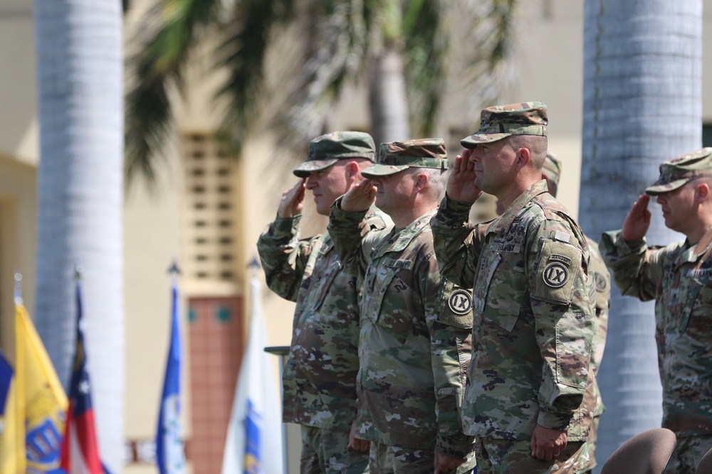 Saluting during Theater Support Group change of command