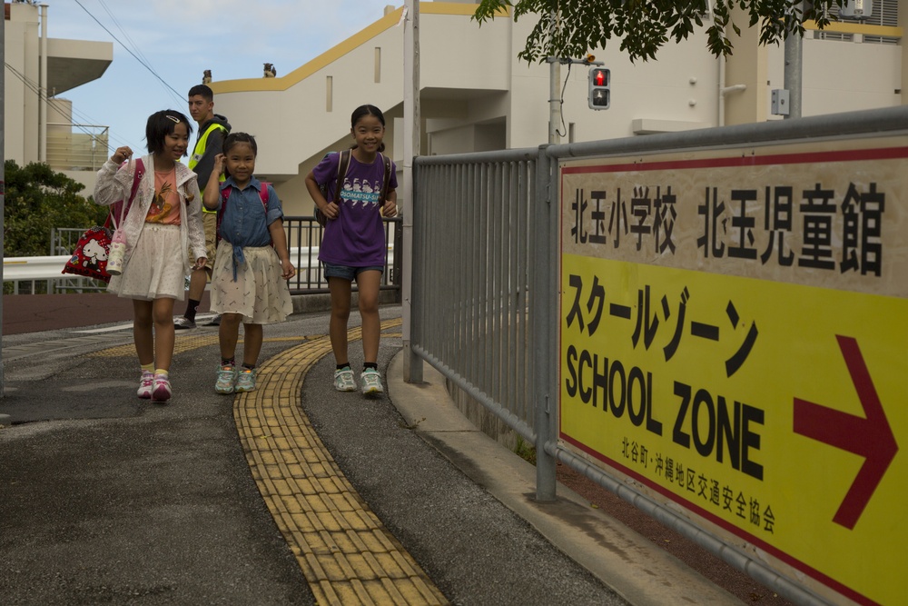 Marines volunteer as crossing guards for local elementary school in Chatan Town