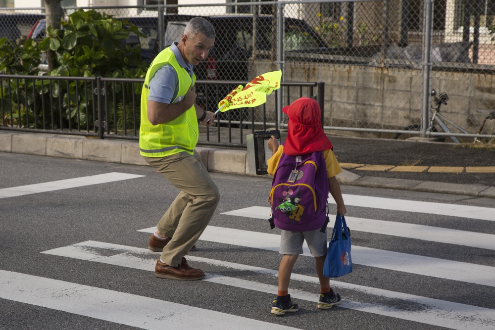 Marines volunteer as crossing guards for local elementary school in Chatan Town