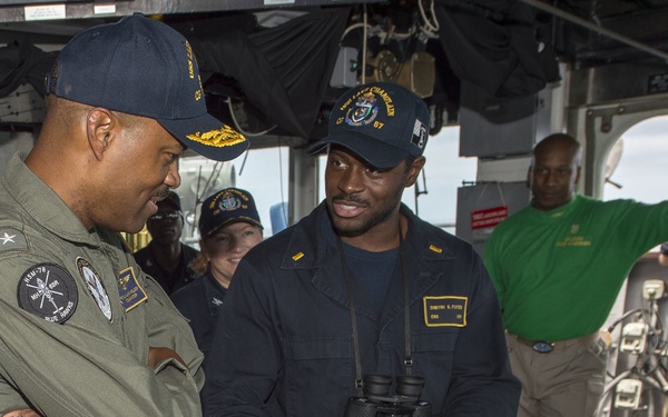 Commander, Carrier Strike Group One, Rear Adm. Alvin Holsey, visits USS Lake Champlain (CG 57)