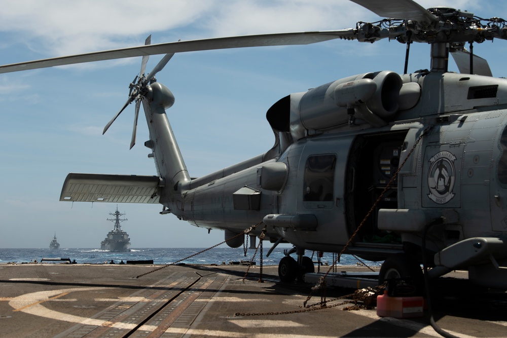 USS Preble sails with HMCS Ottawa, USS Dewey, all replenish-at-sea with Canadian MV Asterix during RIMPAC 2018