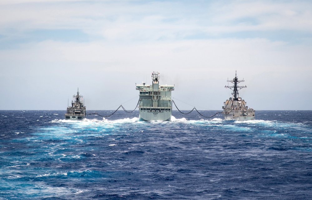 HMNZS Te Mana and USS Preble Replenishment-At-Sea with MV Asterix