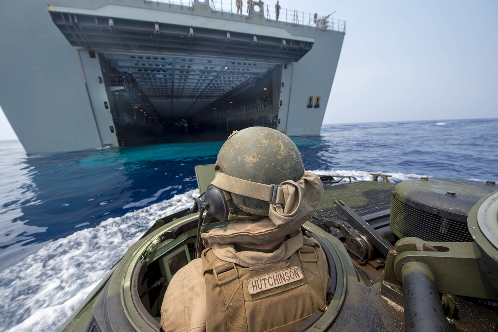 Assault amphibious vehicles board HMAS Adelaide during RIMPAC