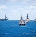 USS Carl Vinson, HMNZS Te Mana, USS Preble, and RSS Tenacious sail during RIMPAC